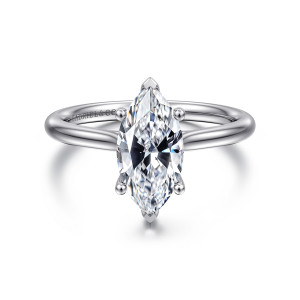 Gabriel & Co. ER16512M6PT4JJ platinum Classic engagement ring, front view of a marquise center gripped by pointed end tips and round ball prongs