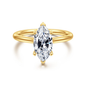 Gabriel & Co. ER16512M6Y84JJ 18 karat yellow gold Classic engagement ring, front view of a marquise center on ball tipped prongs with pointed tips at both ends