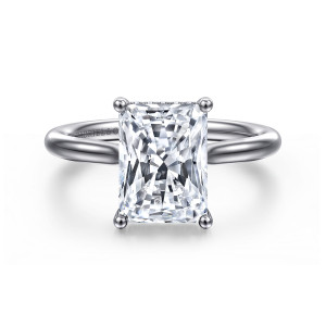 Gabriel & Co. ER16512N12W44JJ 14 karat white gold Classic engagement ring, front view of the tall radiant center held at its corners on a plain band