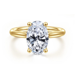 Gabriel & Co. ER16512O12Y44JJ 14 karat yellow gold Classic engagement ring, front view of an oval center held by four ball tipped prongs over a smooth curved band