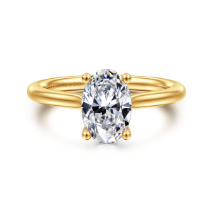 Gabriel & Co. ER16512O6Y84JJ 18 karat yellow gold Classic engagement ring, front view of an oval center on four ball tipped prongs over a smooth rounded band