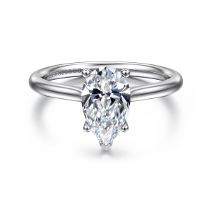 Gabriel & Co. ER16512P6W44JJ 14 karat white gold Classic engagement ring, front view of a pear shaped center with ball tipped prongs and a V tip at its point