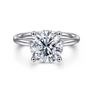 Gabriel & Co. ER16512R12PT4JJ platinum Classic engagement ring, front view of a broad round center with ball tipped prongs on a smooth tapered band