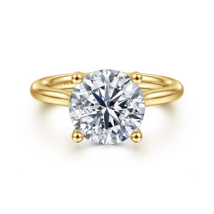 Gabriel & Co. ER16512R12Y44JJ 14 karat yellow gold Classic engagement ring, front view of a round center held by four bead tipped claws on a plain band