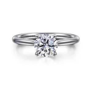Gabriel & Co. ER16512R4W44JJ 14 karat white gold Classic engagement ring, front view of a round center with four ball tipped prongs on a plain band