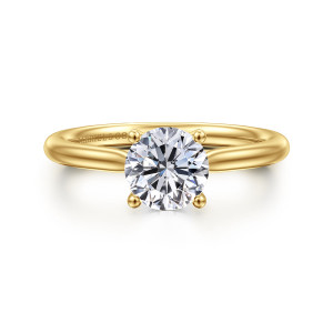 Gabriel & Co. ER16512R4Y44JJ 14 karat yellow gold Classic engagement ring, front view of a round center with four ball tipped prongs on a plain band