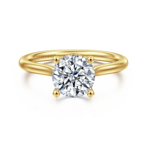 Gabriel & Co. ER16512R6Y44JJ 14 karat yellow gold Classic engagement ring, front view of a round center with four ball tipped prongs and a maker's mark inside the band