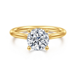 Gabriel & Co. ER16512R6Y84JJ 18 karat yellow gold Classic engagement ring, front view of a round center held by four ball tipped prongs on a smooth band