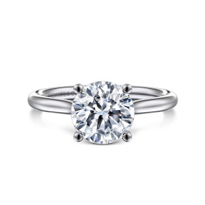 Gabriel & Co. ER16512R8PT4JJ platinum Classic engagement ring, front view of a round center held by four ball tipped prongs on a slim band