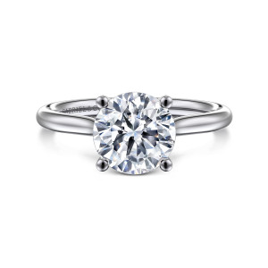 Gabriel & Co. ER16512R8W44JJ 14 karat white gold Classic engagement ring, front view of a round center gripped by rounded ball tipped prongs over a smooth shank