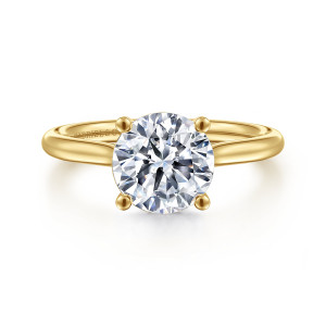 Gabriel & Co. ER16512R8Y44JJ 14 karat yellow gold Classic engagement ring, front view of a round center with four ball tipped prongs and a plain band behind