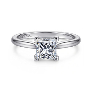 Gabriel & Co. ER16512S4W44JJ 14 karat white gold Classic engagement ring, front view of a princess cut center gripped at each corner by a claw prong