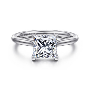 Gabriel & Co. ER16512S6W84JJ 18 karat white gold Classic engagement ring, front view of a square center gripped at each corner above a smooth plain band