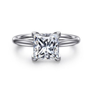 Gabriel & Co. ER16512S8W44JJ 14 karat white gold Classic engagement ring, front view of a princess center gripped by flat topped square cornered prongs