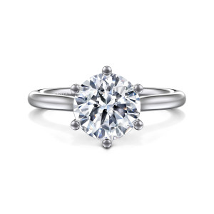 Gabriel & Co. ER16513R8W4JJJ 14 karat white gold Contemporary engagement ring, front view of a round center held by six ball tipped prongs on a plain smooth band