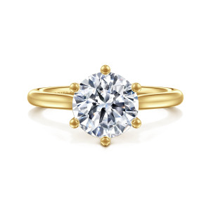 Gabriel & Co. ER16513R8Y4JJJ 14 karat yellow gold Contemporary engagement ring, front view of a round center held by evenly spaced ball tipped prongs on a tapering band