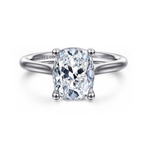 Gabriel & Co. ER16514G10W4JJJ 14 karat white gold Contemporary engagement ring, front view of an elongated cushion center with four ball tipped prongs on a smooth band