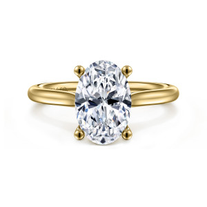 Gabriel & Co. ER16514O8Y4JJJ 14 karat yellow gold Contemporary engagement ring, front view of an oval center held by four ball tipped prongs above a plain tapering band