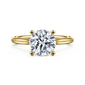 Gabriel & Co. ER16514R8Y4JJJ 14 karat yellow gold Contemporary engagement ring, front view of a round center held by four ball tipped prongs on a plain band