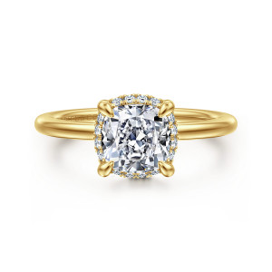 Gabriel & Co. ER16516C6Y44JJ 14 karat yellow gold Classic engagement ring, front view of a cushion center with teardrop prongs and small diamonds showing between them