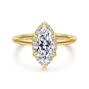 Gabriel & Co. ER16516M6Y44JJ 14 karat yellow gold Classic engagement ring, front view of the marquise center with pointed end claws and small diamonds along its edge