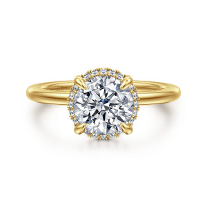Gabriel & Co. ER16516R6Y44JJ 14 karat yellow gold Classic engagement ring, front view of a round center with rounded prong tips and tiny stones peeking out around its edge