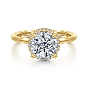 Gabriel & Co. ER16516R8Y44JJ 14 karat yellow gold Classic engagement ring, front view of a round center with a thin edge of small diamonds and slim tapered prongs