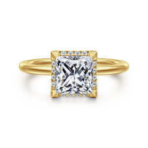 Gabriel & Co. ER16516S6Y44JJ 14 karat yellow gold Classic engagement ring, front view of a princess cut center framed by angular corner prongs and a thin halo edge