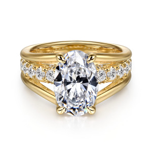 Gabriel & Co. ER16518O8Y44JJ 14 karat yellow gold Contemporary engagement ring, front view of the oval center with smooth rails and round diamonds running along both shoulders