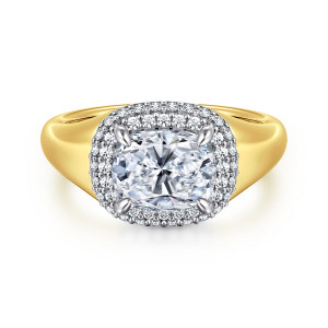 Gabriel & Co. ER16519G8M44JJ 14 karat white and yellow gold Contemporary engagement ring, front view of a sideways elongated cushion center inside a cushion shaped double halo of diamonds