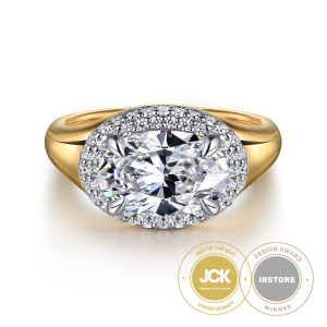 Gabriel & Co. ER16519O8M44JJ 14 karat white and yellow gold Contemporary engagement ring, front view of a sideways oval center inside a halo of small diamonds and four prongs
