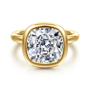 Gabriel & Co. ER16526C20Y4JJJ 14 karat yellow gold Contemporary engagement ring, front view of a cushion cut center in a thick smooth bezel with a plain band behind