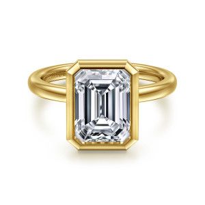 Gabriel & Co. ER16526E12Y4JJJ 14 karat yellow gold Contemporary engagement ring, front view of a full bezel with clipped corners around an emerald cut center