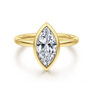 Gabriel & Co. ER16526M6Y4JJJ 14 karat yellow gold Contemporary engagement ring, front view of a marquise center in a smooth bezel that follows its pointed ends