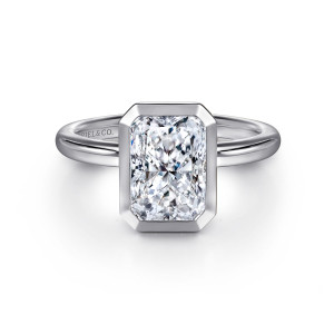 Gabriel & Co. ER16526N8W4JJJ 14 karat white gold Contemporary engagement ring, front view of a rectangular center wrapped in a smooth bezel with clipped corners