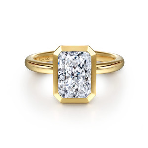 Gabriel & Co. ER16526N8Y4JJJ 14 karat yellow gold Contemporary engagement ring, front view of a bezel with clipped corners around a rectangular center
