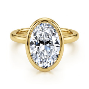 Gabriel & Co. ER16526O16Y4JJJ 14 karat yellow gold Contemporary engagement ring, front view of an oval center wrapped in a smooth bezel on a plain rounded band