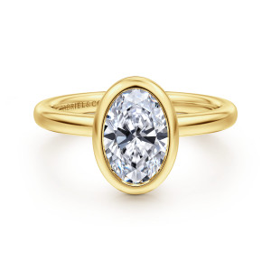 Gabriel & Co. ER16526O6Y4JJJ 14 karat yellow gold Contemporary engagement ring, front view of an oval center inside a smooth bezel rim on a rounded band