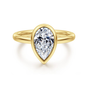 Gabriel & Co. ER16526P6Y4JJJ 14 karat yellow gold Contemporary engagement ring, front view of a pear shaped center wrapped in a smooth bezel rim above a plain band