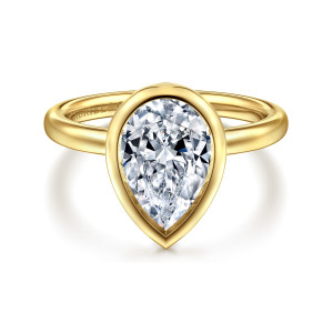 Gabriel & Co. ER16526P8Y4JJJ 14 karat yellow gold Contemporary engagement ring, front view of a pear shaped center wrapped in a smooth bezel on a plain band