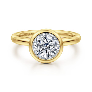 Gabriel & Co. ER16526R6Y4JJJ 14 karat yellow gold Contemporary engagement ring, front view of a round center wrapped in a smooth bezel on a plain band