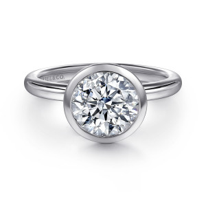 Gabriel & Co. ER16526R8W4JJJ 14 karat white gold Contemporary engagement ring, front view of a round center wrapped in a smooth bezel collar on a plain band