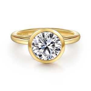 Gabriel & Co. ER16526R8Y4JJJ 14 karat yellow gold Contemporary engagement ring, front view of a round center inside a broad polished bezel on a plain rounded band