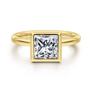 Gabriel & Co. ER16526S6Y4JJJ 14 karat yellow gold Contemporary engagement ring, front view of a thick square bezel framing a princess cut center with the band curving behind