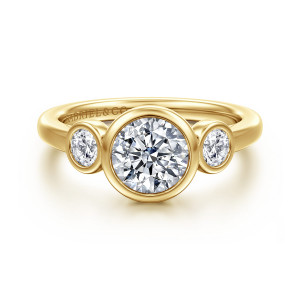 Gabriel & Co. ER16528R4Y44JJ 14 karat yellow gold Contemporary engagement ring, front view of a round bezel center between two round bezel side stones