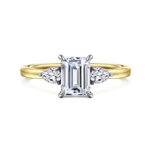 Gabriel & Co. ER16551E4M44JJ 14 karat white and yellow gold Contemporary engagement ring, front view of an emerald cut center between pear shaped side stones with four corner prongs