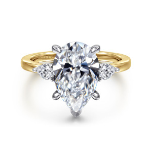 Gabriel & Co. ER16551P12M44JJ 14 karat white and yellow gold Contemporary engagement ring, front view of a pear shaped center between two small pear shaped side stones