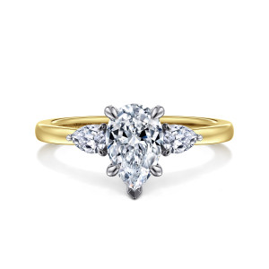 Gabriel & Co. ER16551P4M44JJ 14 karat white and yellow gold Contemporary engagement ring, front view of the pear center with a V tip prong and a pear stone on each side