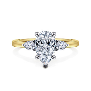 Gabriel & Co. ER16551P6M44JJ 14 karat white and yellow gold Contemporary engagement ring, front view of a pear shaped center with a pear shaped side stone on each side