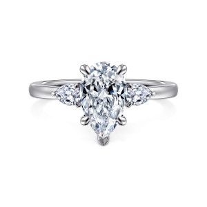 Gabriel & Co. ER16551P6W44JJ 14 karat white gold Contemporary engagement ring, front view of the pear center with pointed tip prong and a pear diamond at each side